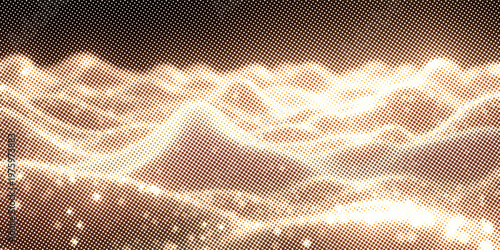 Abstract gold cg wave texture with glowing defocused particles. Cyber or technology digital landscape background. 3d rendering