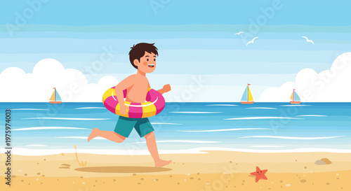 Energetic young boy running along a sunny sandy beach with a colorful swim ring around his waist and sailboats in the ocean background.
