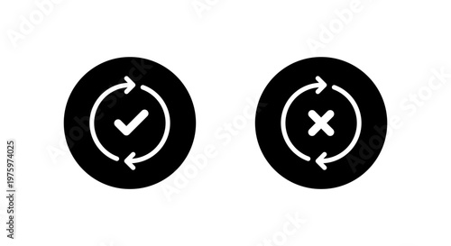 Sync process icon in black circle. Cycle arrows with check and cross symbol