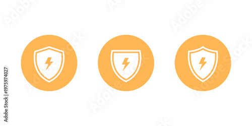 Energy protection shield icon set in orange circle. Power security symbol. Defense lightning sign