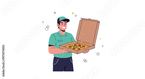 Smiling pizza delivery man in a green uniform and cap holding an open cardboard box containing a fresh hot pepperoni and olive pizza.