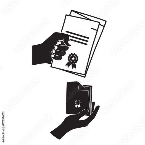 Two hands exchanging certificates with official seals and ribbons illustrating achievement and recognition