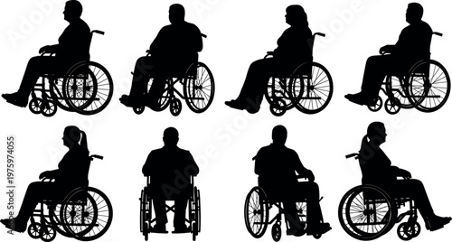 Silhouette Set of Disabled People Using Manual Wheelchairs in Various Profiles for Accessibility Design and Medical Healthcare Vector Stock Graphics