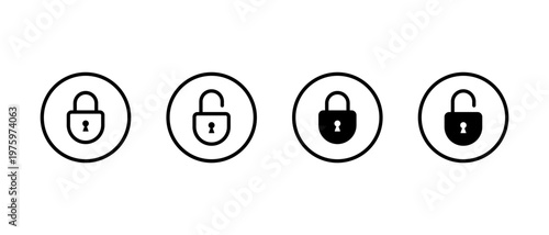 Lock unlock icon set in circular outline. Close and open padlock symbol. Security access sign