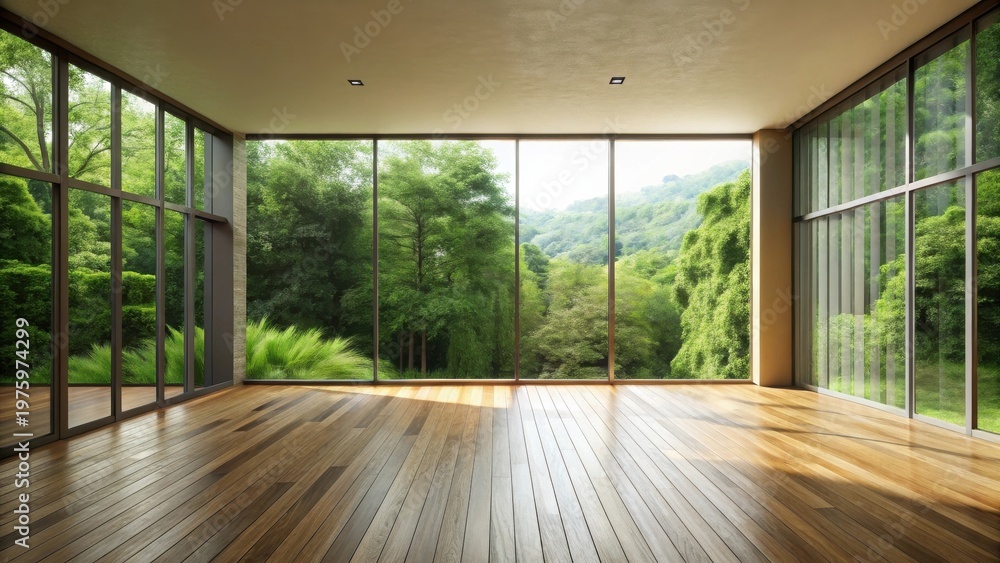 Fototapeta premium Spacious room with hardwood floor and expansive views of lush green landscape through large windows