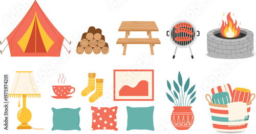 Camping and Cozy Home Elements Collection with Tent, Campfire, Grill, Picnic Table, Cushions, and Decorative Items for Outdoor and Lifestyle Designs