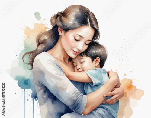 Tender embrace A mother lovingly cradles her sleeping child, watercolor illustration evoking warmth and security