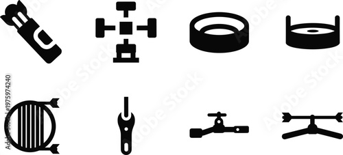 Archery equipment silhouette vector icon collection featuring bow arrows quiver target string nock and aiming accessories arranged in grid layout isolated on white background