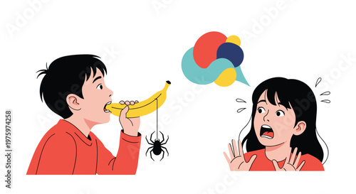 Young boy about to eat a banana with a dangling spider while a girl reacts with a frightened and panicking expression in the background.