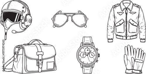 Black and white line of pilot accessories aviation flight gear equipment