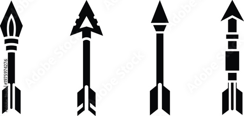 Arrow silhouette vector set featuring hunting broadhead target tip and stylized projectile designs as bold black icons on white background