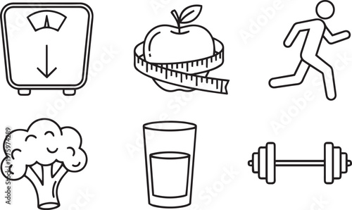 Black and white line of six fitness including scale with downward arrow, apple wrapped with measuring tape, running stick figure, broccoli, glass of water, dumbbell