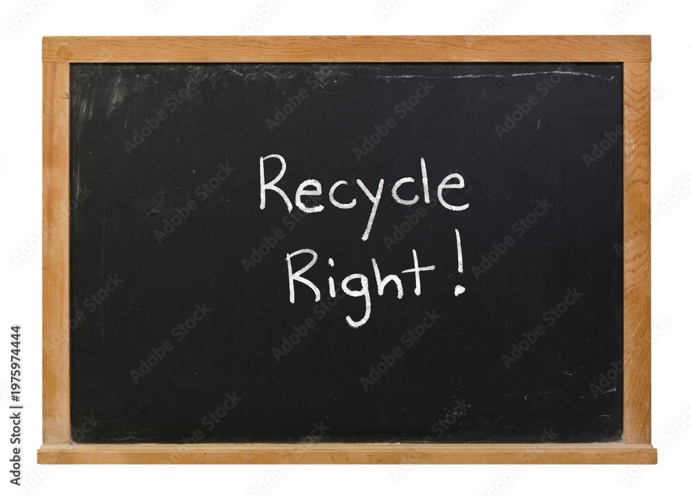 Fototapeta premium Recycle right written in white chalk on a black chalkboard in a wooden frame isolated on white
