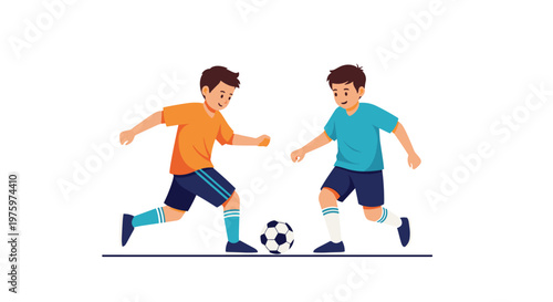 Two young boys in athletic sportswear having fun playing soccer together on a white background in a dynamic and active sports scene.