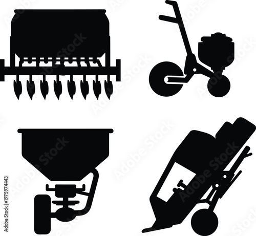 Agricultural seeding equipment silhouette vector icon collection featuring seed drill planter spreader and fertilizer applicator machines arranged in grid layout isolated on white background