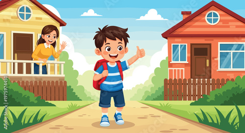 Happy schoolboy with a backpack giving a thumbs up as he walks to school while his mother waves goodbye from their house porch.