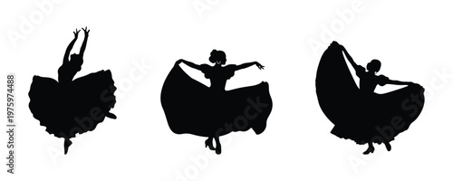 Flamenco dancer silhouette vector set. Spanish traditional dance poses with flowing dress, elegant performance. Vector illustration.