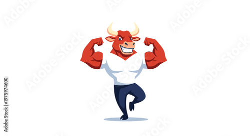 Powerful anthropomorphic red bull with massive muscles and white horns posing in a bodybuilding stance while wearing pants and a shirt.