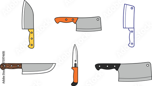 Kitchen Knife and Cleaver Collection with Different Blade Styles for Cooking, Butchery, and Culinary Tool Vector Illustration Designs