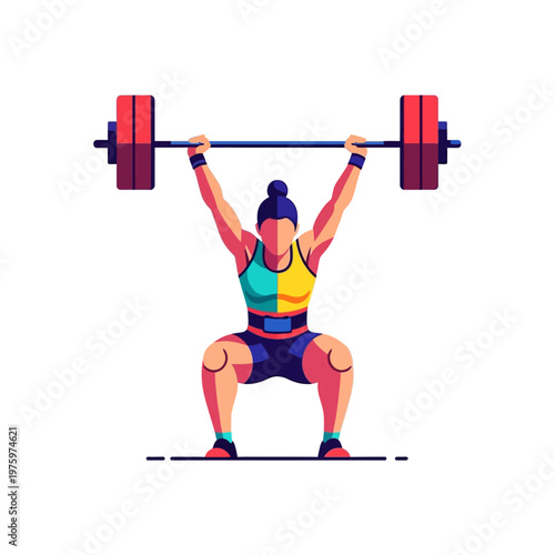 Woman weightlifter performing overhead squat with barbell, fitness and strength training concept