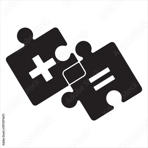 Two interlocking black puzzle pieces with a plus and an equals sign symbolizing problem solving and collaborative solutions