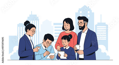 Diverse group of professional men and women collaborating on a project with notebooks and coffee against a modern city skyline.