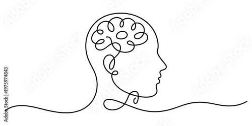 Minimalist continuous line drawing of a human profile with a stylized brain shape inside the head