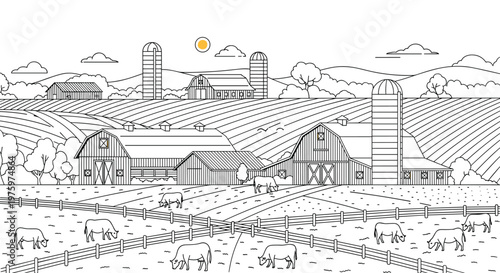 Extensive rural farm landscape featuring large barns, silos, rolling fields, and cows grazing in a fenced pasture under a bright sun.