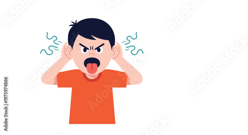 Furious young boy in an orange shirt making a funny face while sticking his tongue out and holding his ears in a rebellious gesture.