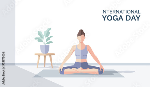 International Yoga Day Concept with Relaxing Meditation Pose Indoor vector illustration