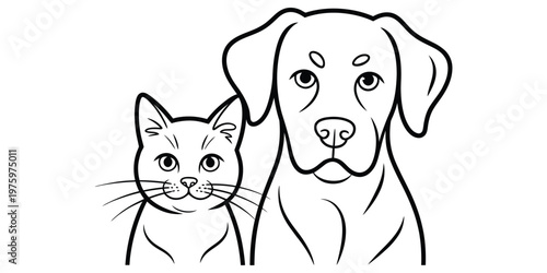 A simple black and white line art illustration featuring a cute domestic kitten and a friendly dog