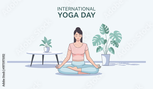 International Yoga Day Concept with Relaxing Meditation Pose Indoor vector illustration