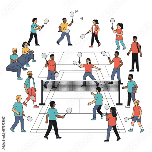 Diverse people playing badminton on courts, active lifestyle, sports illustration