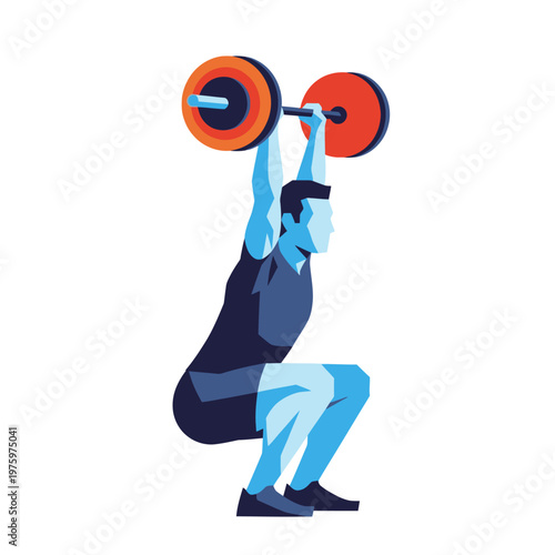 Man lifting barbell overhead in squat position, dynamic fitness illustration