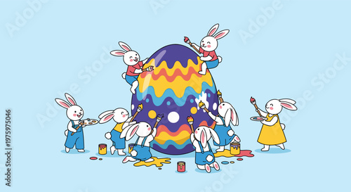 Group of cute white rabbits working together to paint and decorate a massive colorful Easter egg with stripes and patterns.