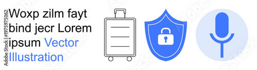Cybersecurity, travel safety, digital communication, voice recognition, data protection, online security. Icons of a suitcase, shield with lock and microphone. Cybersecurity and travel safety