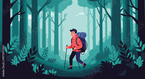 Determined hiker with a large blue backpack and walking poles trekking through a dense and lush green forest of tall pine trees.