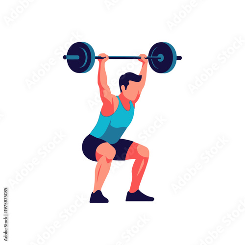 Man lifting barbell overhead in squat position, weightlifting exercise illustration