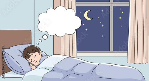 Peaceful child sleeping soundly in a comfortable bed at night with a blank dream thought bubble above their head and a starry window view.
