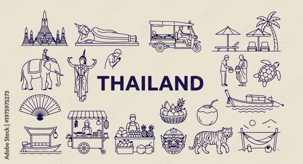 Obraz premium thailand paradise and temple art, hand drawn bangkok landmarks, aesthetic thai culture doodles, creative thailand tourism line art, minimal tropical island icons, scrapbook thailand travel elements, t