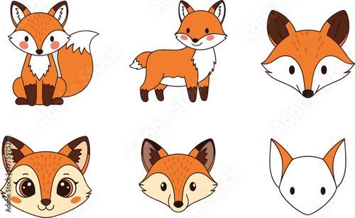 Cute Fox Character Collection with Different Poses and Faces for Animal, Cartoon, and Wildlife Vector Illustration Designs