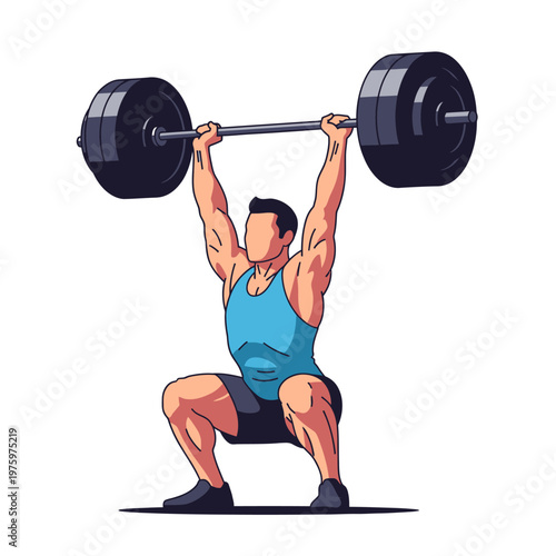 Man Lifting Heavy Barbell Overhead in Squat Position, Weightlifting Exercise