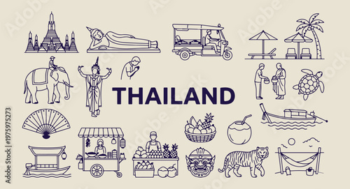 thailand paradise and temple art, hand drawn bangkok landmarks, aesthetic thai culture doodles, creative thailand tourism line art, minimal tropical island icons, scrapbook thailand travel elements, t