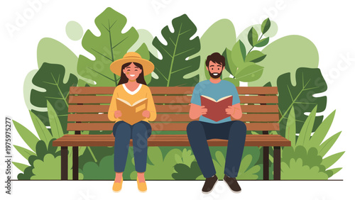 Peaceful man and woman comfortably seated on a park bench, both engrossed in reading books amidst an abundance of lush green foliage.