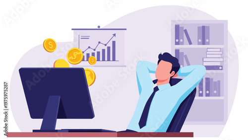 Relaxed businessman leaning back at his desk, watching coins joyfully fly from his computer screen, symbolizing successful passive income and financial freedom.