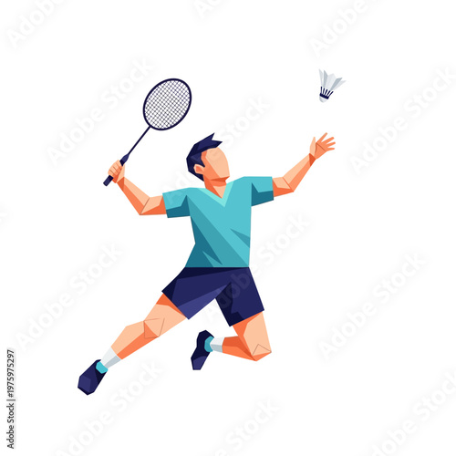 Man playing badminton, jumping and hitting shuttlecock with racket, dynamic sports illustration
