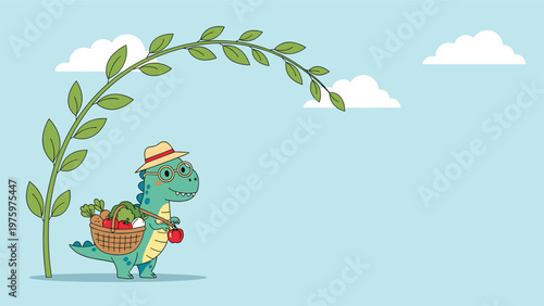 Adorable dinosaur farmer wearing a hat and glasses, cheerfully carrying a basket brimming with vegetables, strolling under a leafy archway.