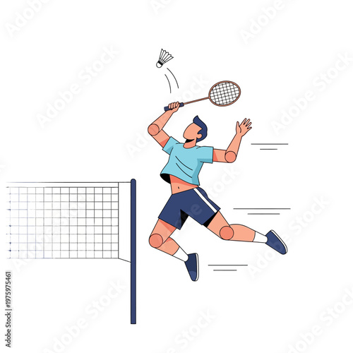 Man playing badminton, jumping high to hit shuttlecock over net, dynamic sports illustration