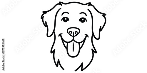 A simple black and white line art illustration featuring the happy face of a golden retriever dog