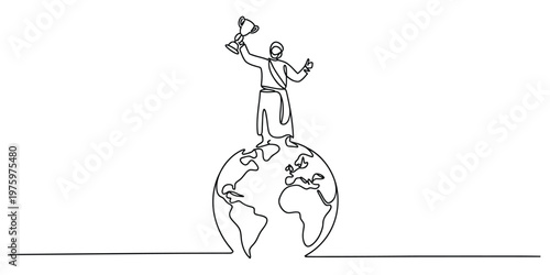 A single continuous line drawing of a person standing on top of the world holding a trophy cup